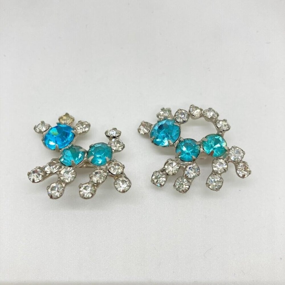 Vintage Set 2 Rhinestone Brooch Pin Blue Clear Gems Dogs Silver Tone Multi Prong